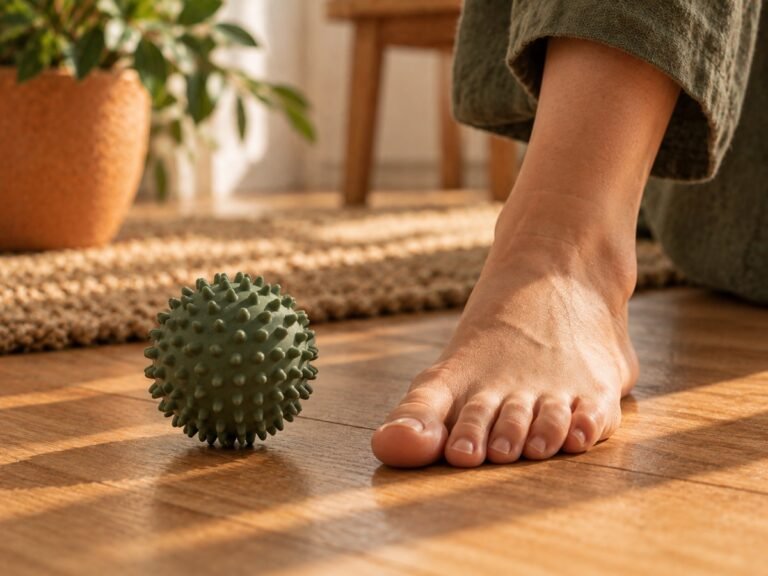 Pelota de masaje con relieve sobre un suelo de madera junto a un pie descalzo