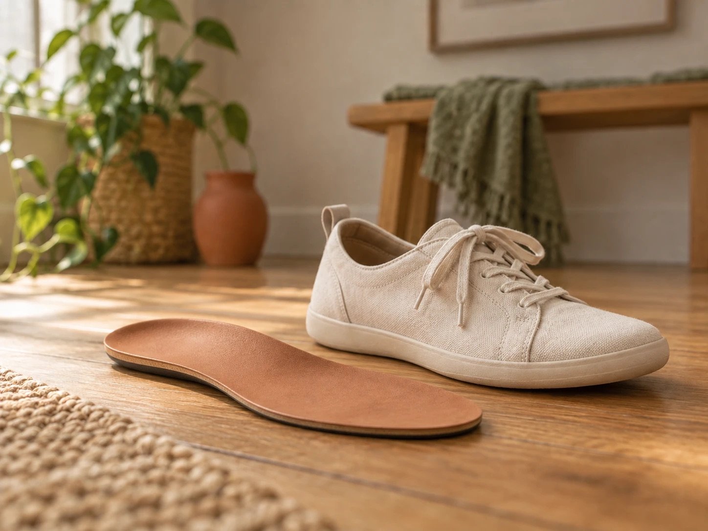 Plantilla barefoot de cuero junto a una zapatilla de lona en el suelo