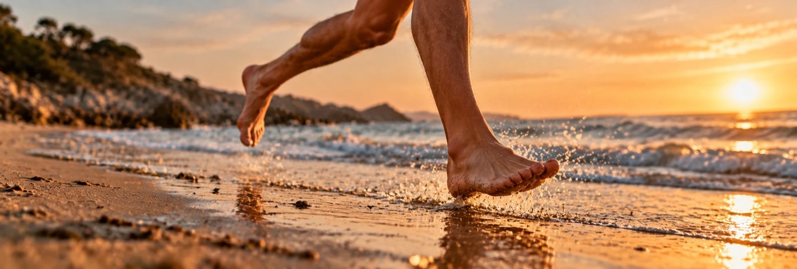Pies descalzos corriendo por la orilla del mar al atardecer