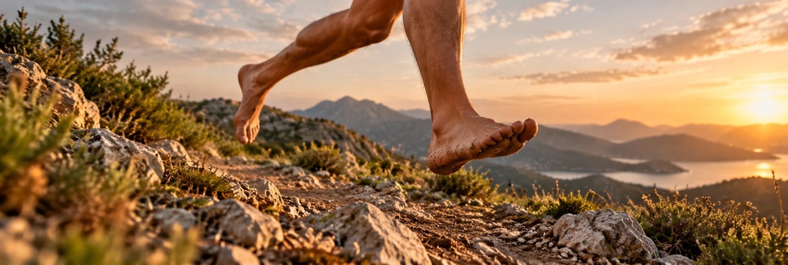 Pies descalzos corriendo por un sendero de montaña al atardecer