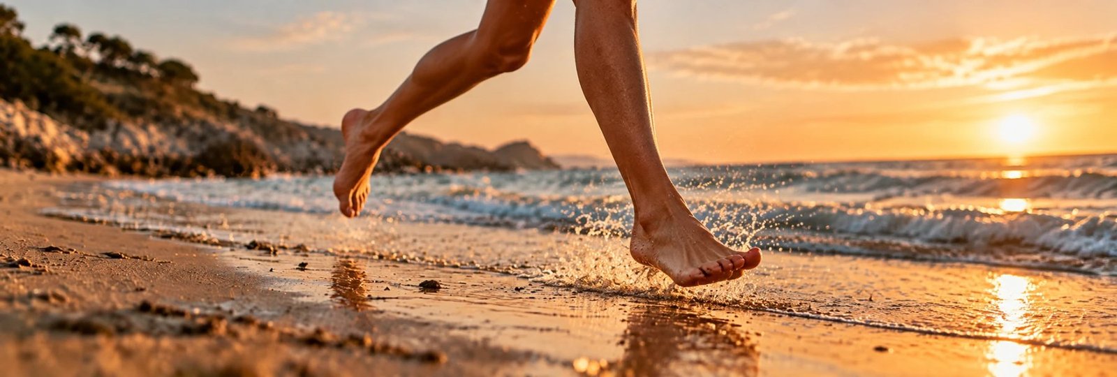 Pies descalzos corriendo por la orilla del mar al atardecer