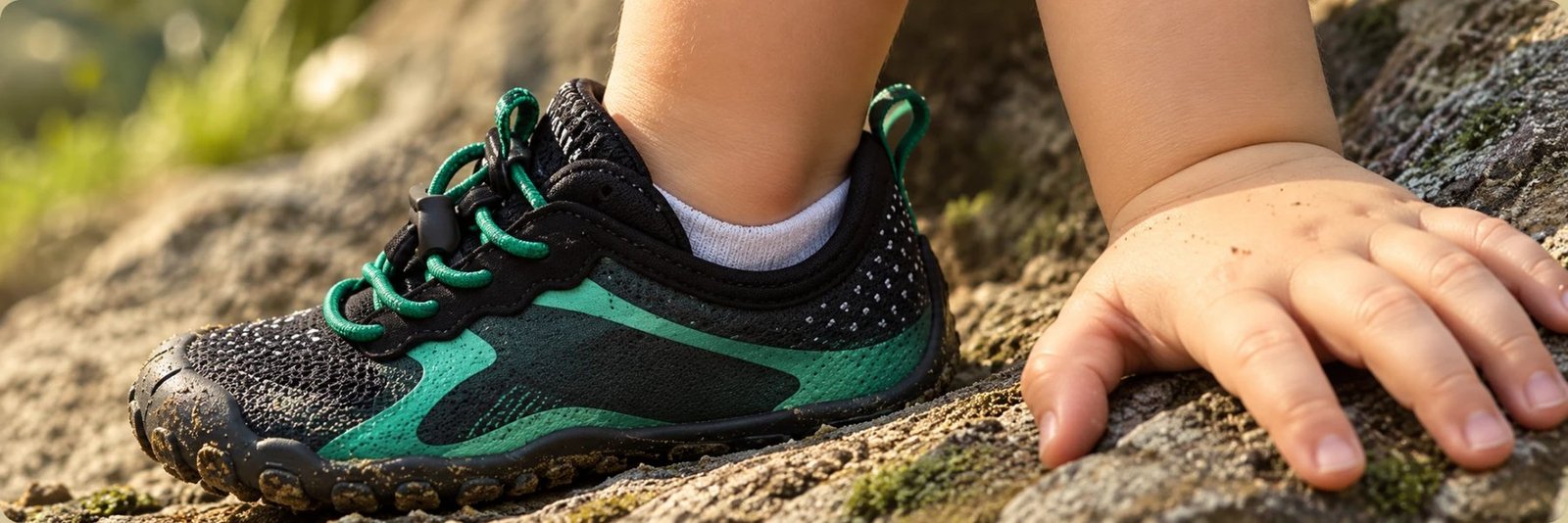 Zapatilla barefoot infantil de puntera ancha sobre una roca